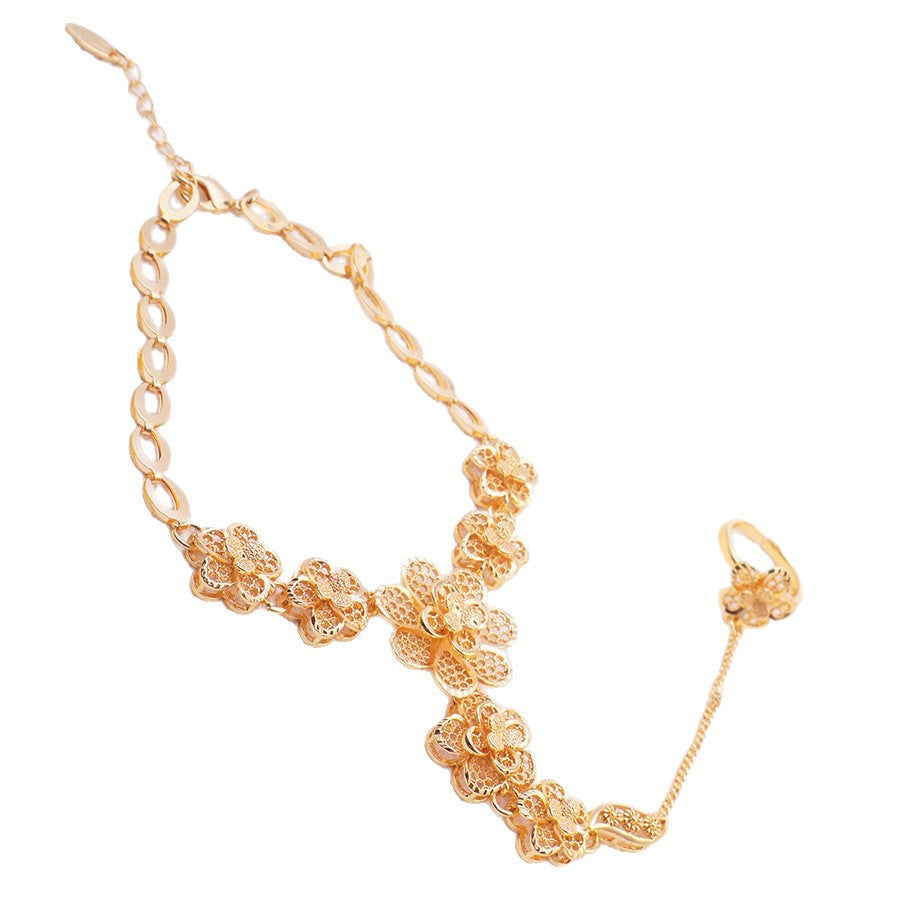 African luxury gold bangle arab fashion floral cuff bangle with ring jewelry set women's ring accessories