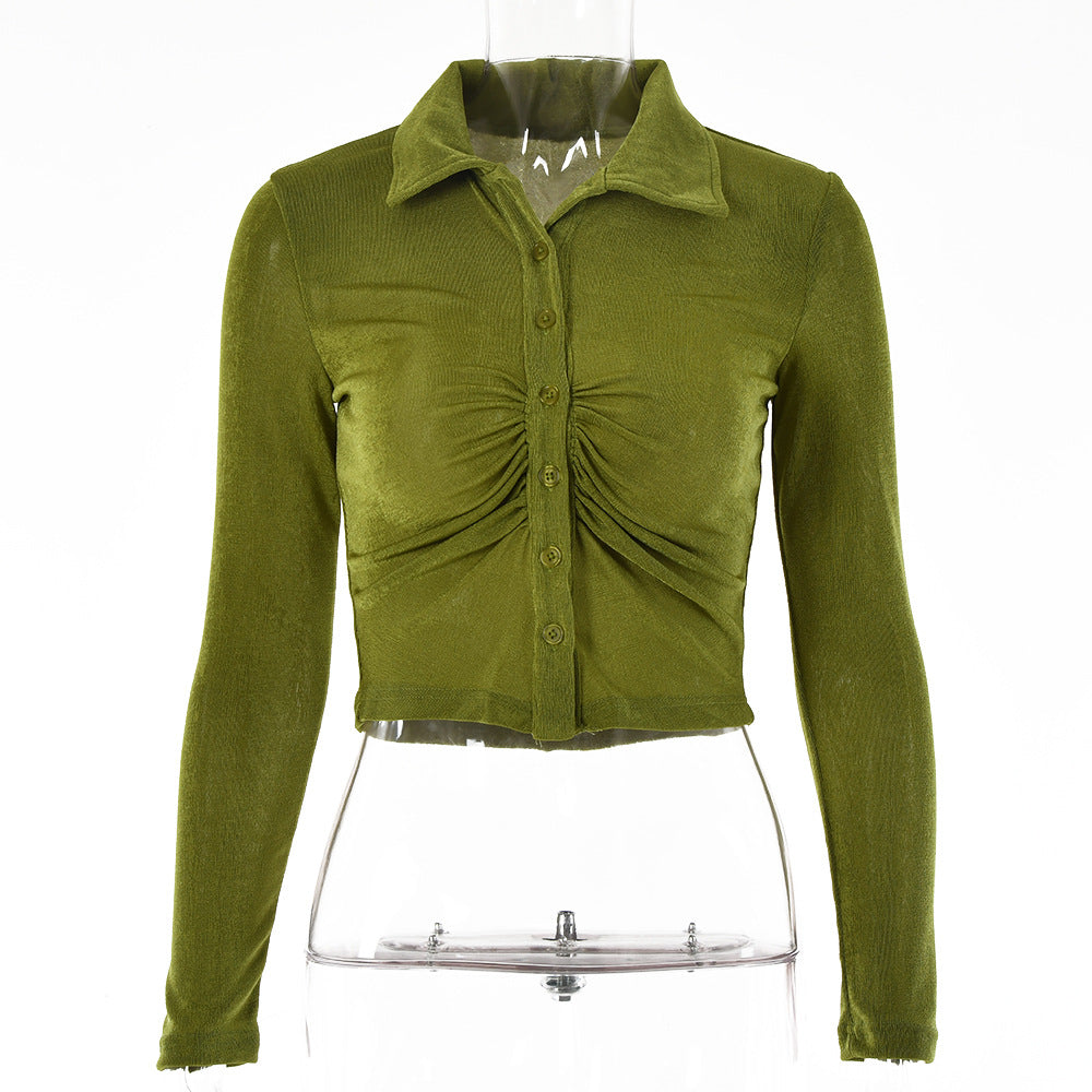 Europe and America ins2022 summer new retro cardigan pleated single-breasted T-shirt solid color sexy lapel shirt top women