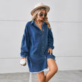 Wishfashion cross-border foreign trade independent station  new loose denim long-sleeved raw edge dress mid-length skirt