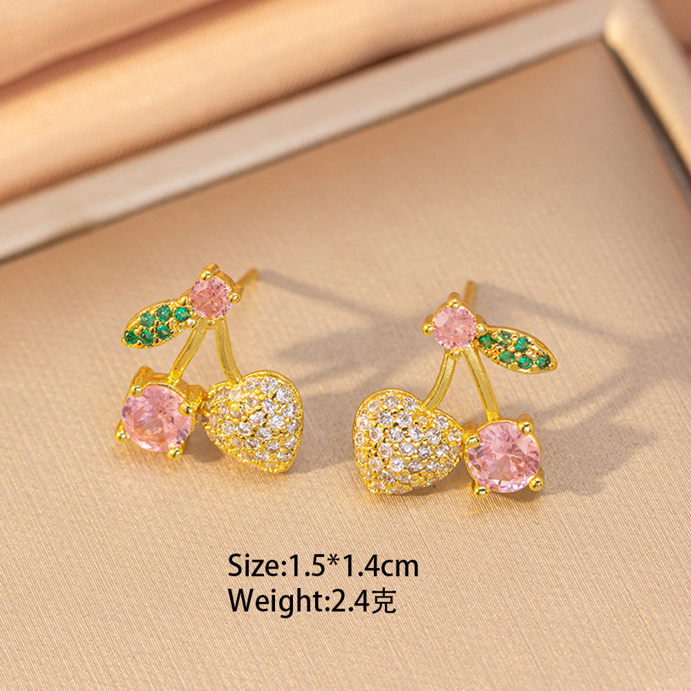 [set] sweet copper inlaid with zirconium and full diamond cherry necklace for women, earrings, versatile and elegant, high-end clavicle chain jewelry