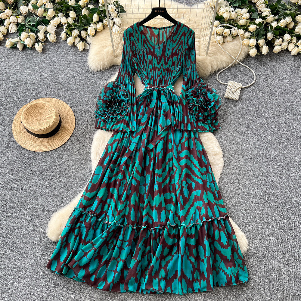 Vacation-style purple floral print dress for women, spring long-sleeved high-waisted a-line dress with a cinched waist and ruffle hem maxi skirt