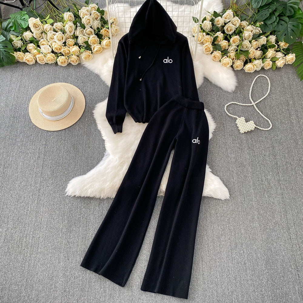 Gentle wind pink tie backslimming lookpullover hooded knittinglong sleevessweatshirthigh waiststraight-legloose pantsembroidersuit