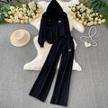 Gentle wind pink tie backslimming lookpullover hooded knittinglong sleevessweatshirthigh waiststraight-legloose pantsembroidersuit
