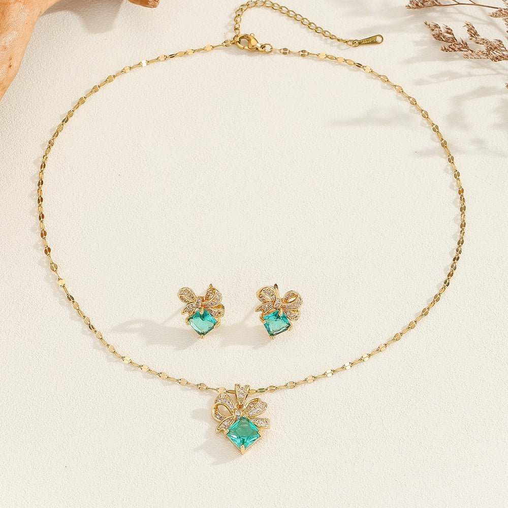 Titanium steel necklace women's bow pendant earrings ring light luxury high-end inlaid clavicle chain earrings jewelry wholesale