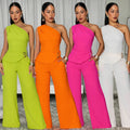 C7736 cross-border    new women's casual solid color one-shoulder top and pants two-piece set