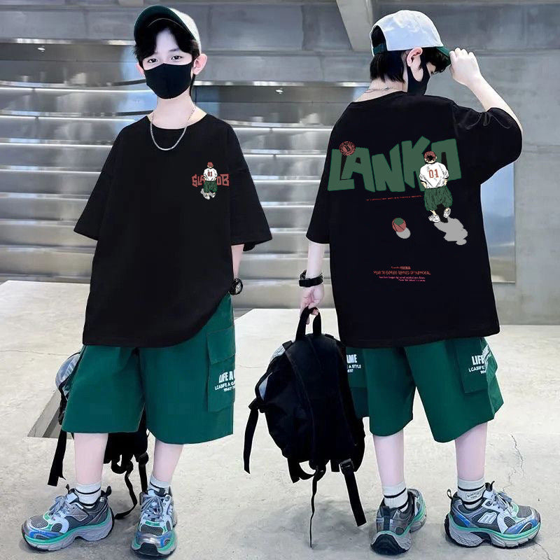 Boys' trendy sports outfit:  new korean style, casual printed summer t-shirt and shorts two-piece set for mid-to-large children