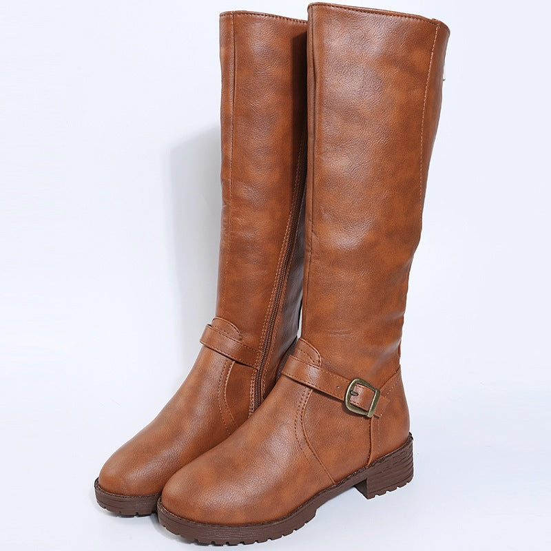 Women's leather boots for export -  spring/autumn new collection: zippered low-heel over-the-knee boots, european & american style, knight boots, high-top women's boots