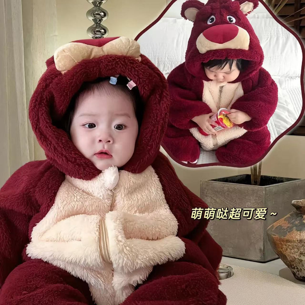 Baby girl onesie, infant winter loungewear, unisex strawberry bear cartoon super cute outfit, toddler romper