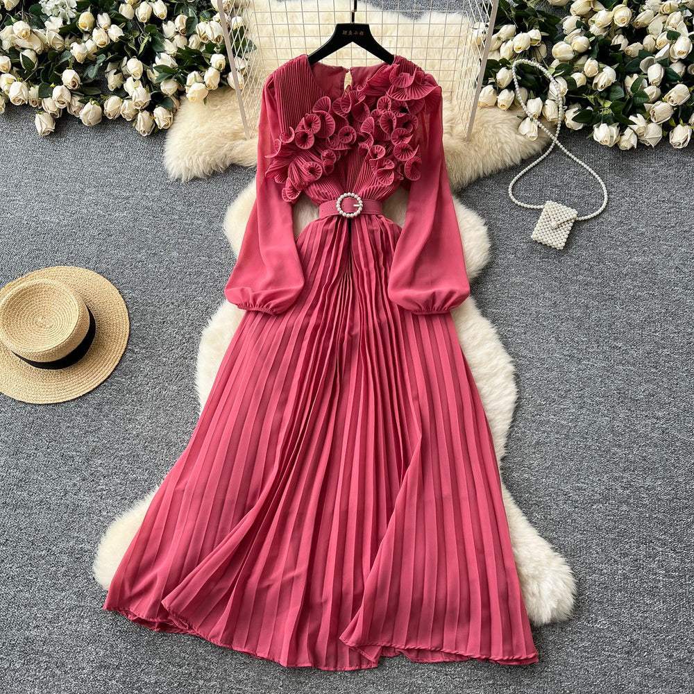new arrival: exquisite, niche-style pleated dress with 3d lace, lantern sleeves, and tie-waist detail for a slimming and elegant silhouette