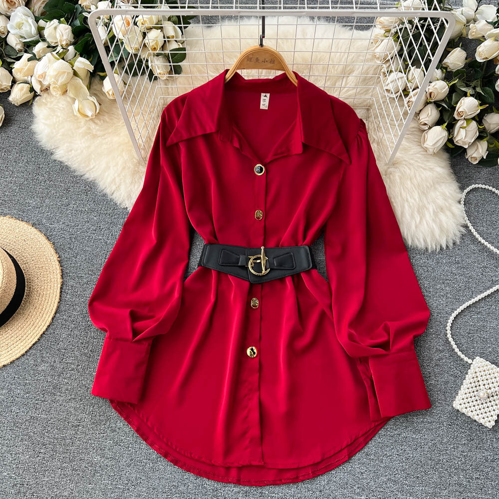 Unique petite tie-waist dress - autumn women's high-end, stunning, elegant long-sleeve white shirt dress