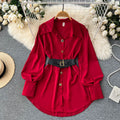 Unique petite tie-waist dress - autumn women's high-end, stunning, elegant long-sleeve white shirt dress