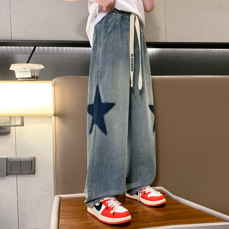 Girls' spring denim wide-leg pants, spring/autumn style, big girls' straight-leg trousers,  new collection, loose fit for mid-to-large children