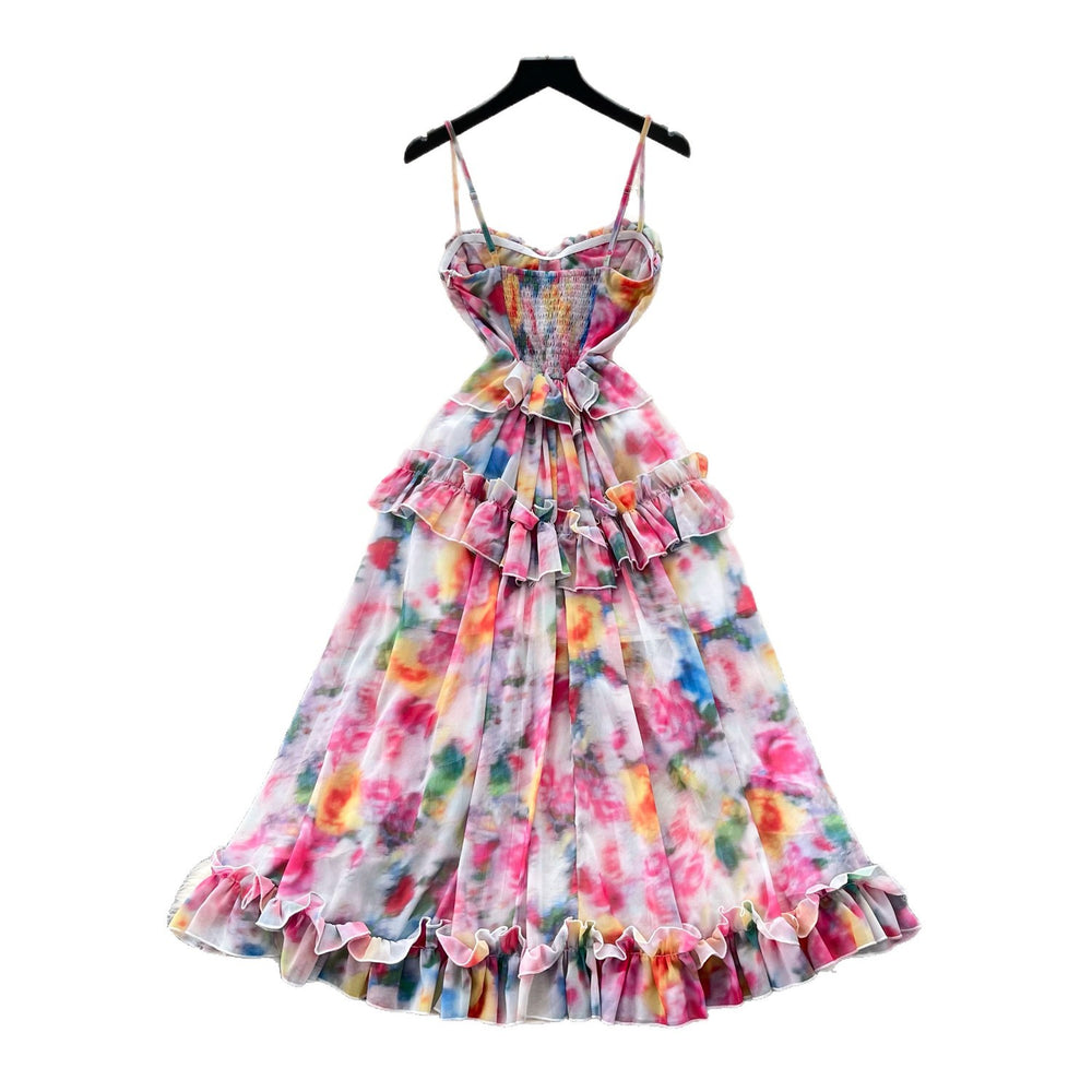 Vacation-inspired tie-dye print cami dress - sexy, high-low, ruffled hem, dopamine dress