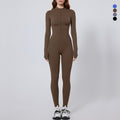 European and american nude feel long sleeve yoga bodysuit women's outdoor running fitness zipper sports jumpsuit one-piece tight