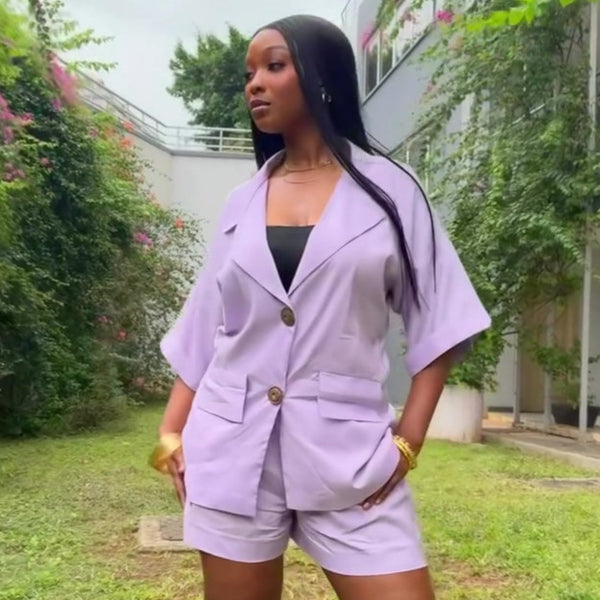 European and American temperament elegant medium-sleeved suit collar cardigan shirt casual shorts African high-end fashion women's two-piece set