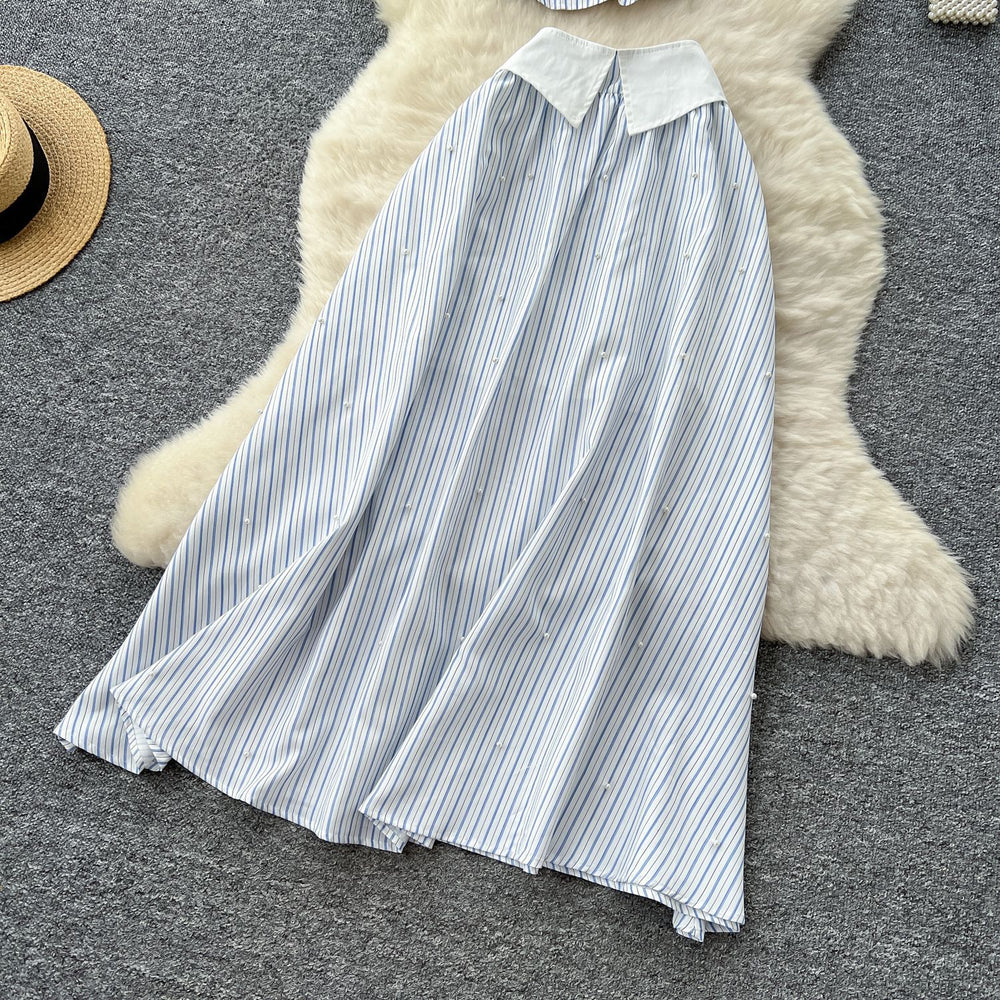 Dopamine pure desire hot girl suit women's summer stripes camisole tube top vest + high waistslimming look large swing skirt