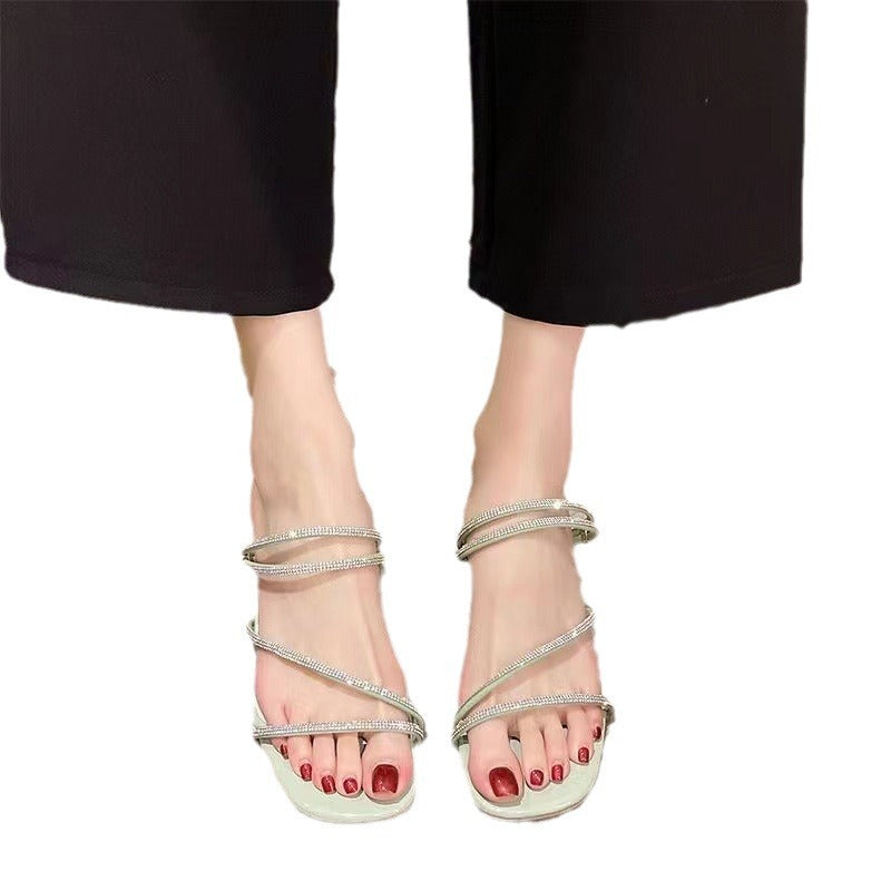 French chunky heel rhinestone sandals women's outdoor shoes 2024 new summer fairy style elegant sandals