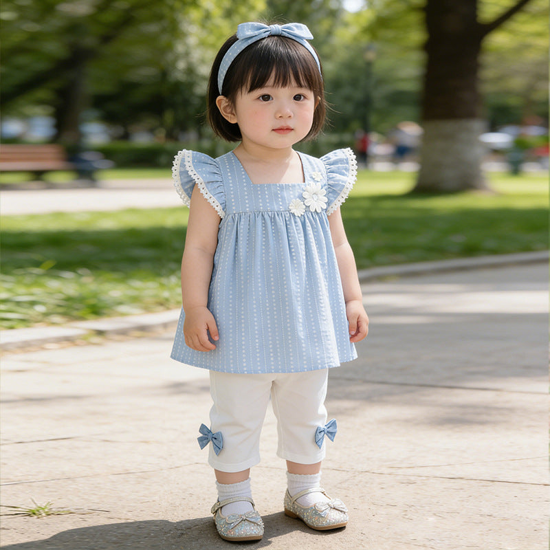 Kids' korean style summer outfit set - girls' flutter sleeve pure cotton chic top and summer clothes -  new collection