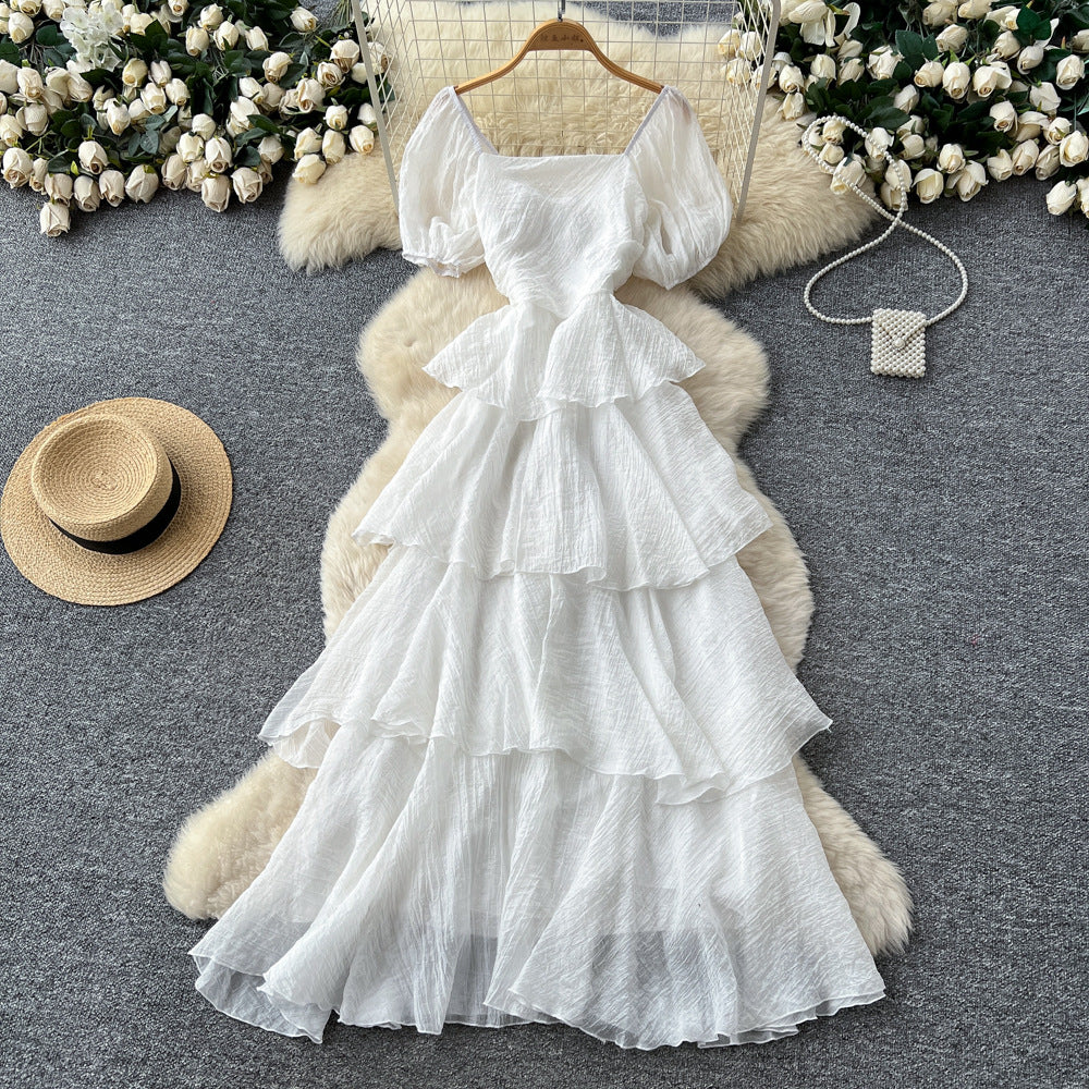 French riviera style puff sleeve square neck dress - women's summer slimming a-line maxi dress with tiered ruffle hem