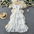 French riviera style puff sleeve square neck dress - women's summer slimming a-line maxi dress with tiered ruffle hem
