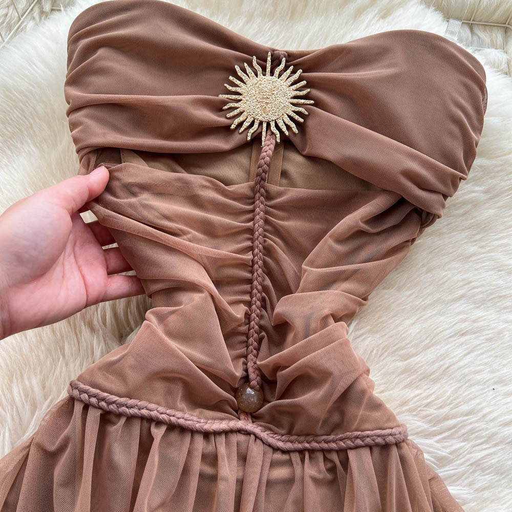 Retrotube top butterfly off-the-shoulder dress women's new arrivalhigh waist waist slimming look a-line mesh long skirt elegant outfit