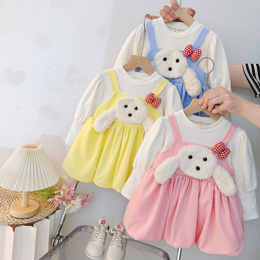 Girls' sweet & cute stylish long-sleeve dress -  new korean style faux two-piece princess dress for toddlers and young children