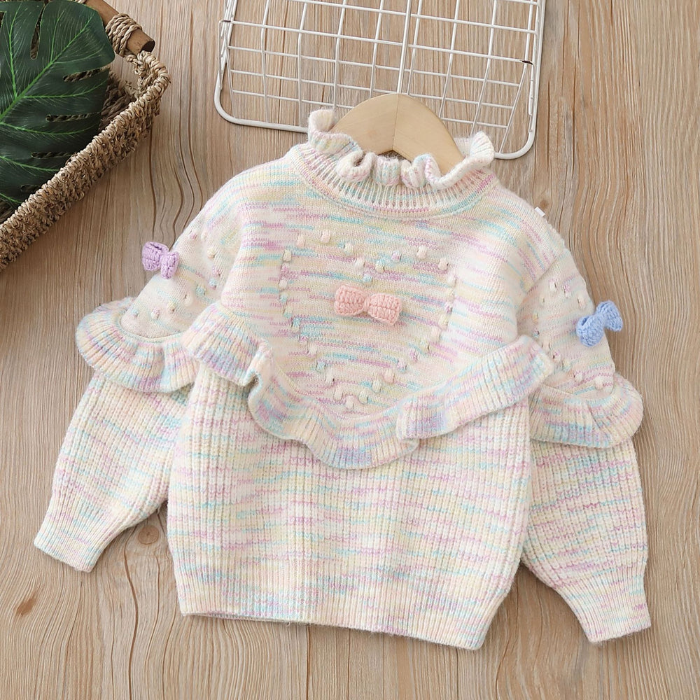 Girlsweater rainbow thread round neck fall and winternew arrival handmade flower little girl pullover sweatersuit