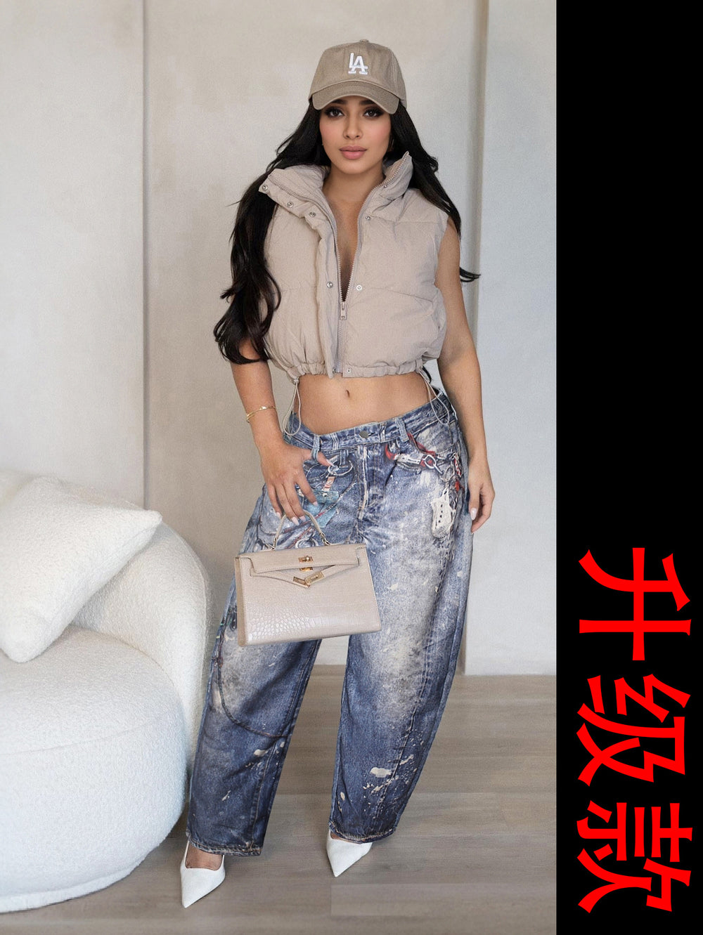 new cross-border dirty denim leather 3d print wide-leg scimitar pants dopamine casual women's trousers