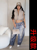 new cross-border dirty denim leather 3d print wide-leg scimitar pants dopamine casual women's trousers