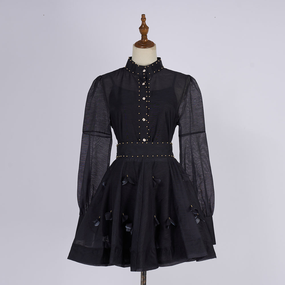Export spring and summer stand-up collar lantern long sleeves waist single-breasted beaded shirt tops+a-line skirt skirt suit