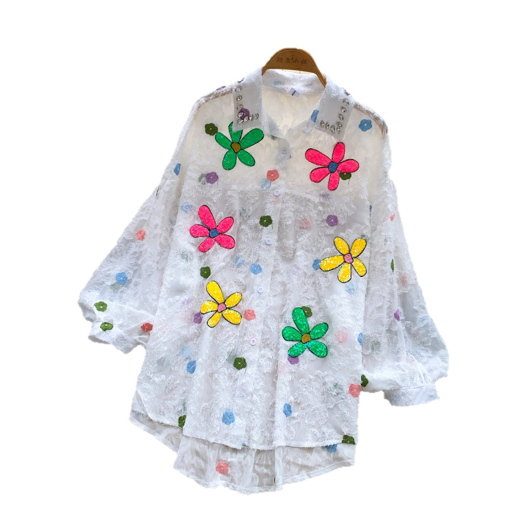 European and american style printed long-sleeve shirt for women - autumn flocked, rhinestone-embellished, loose fit, slimming, lightweight, designer top - trendy and chic