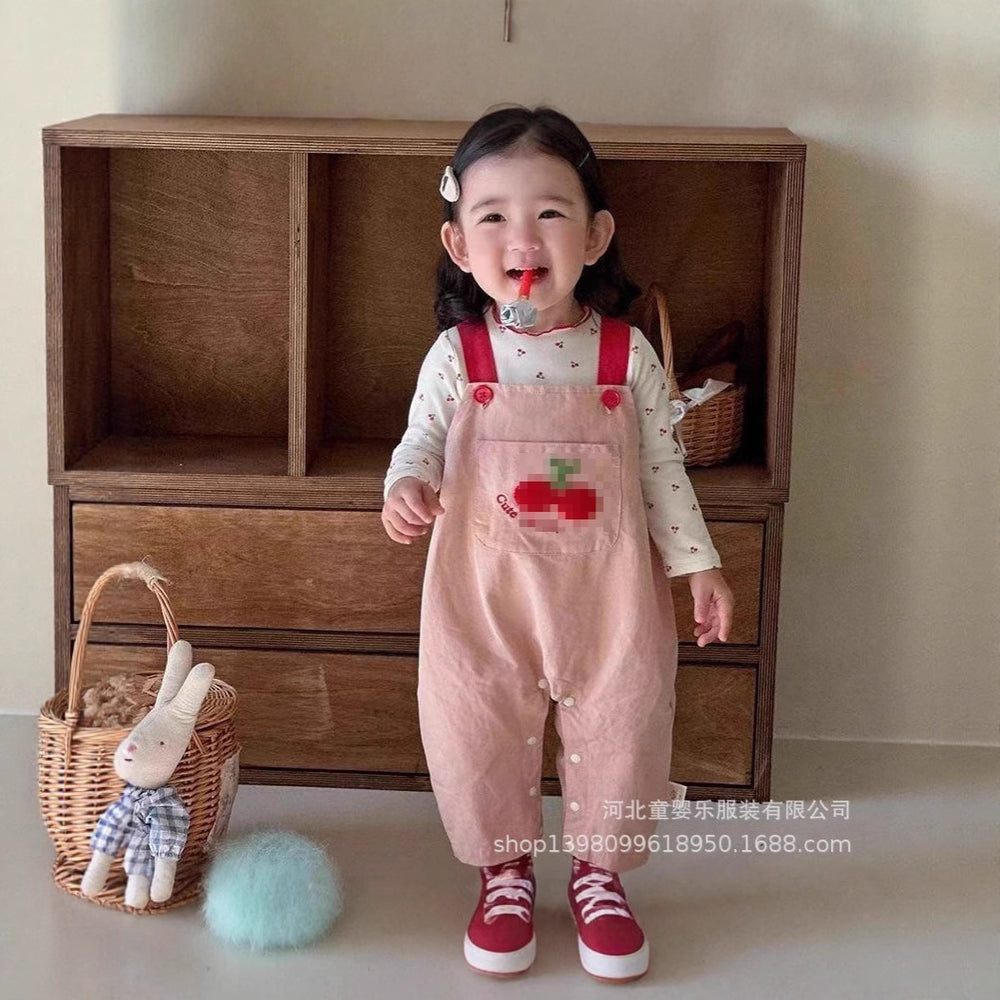 Autumn cherry two-piece overalls set - girls' outfit, new cartoon style, korean fashion, cute baby
