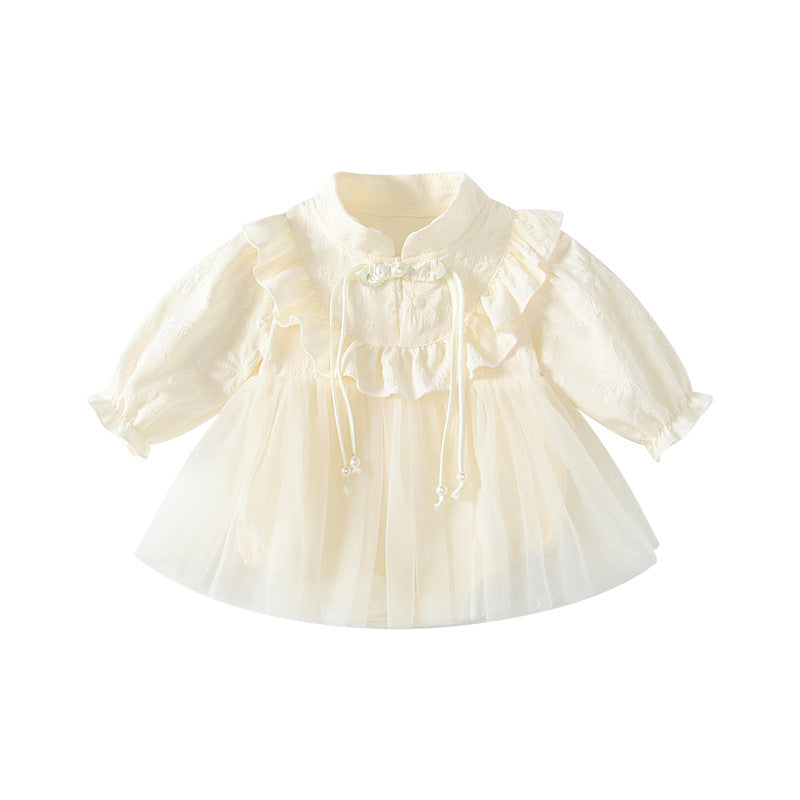 Baby clothes spring palace style khaki baby girl sweetcute mesh plate button long sleeves newborn baby skirt