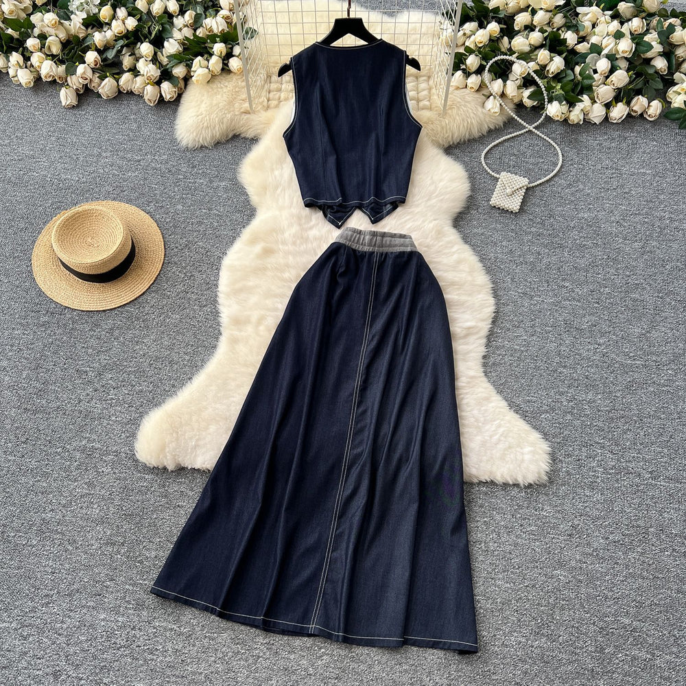 Summer outfit set for women: chic, retro sleeveless v-neck denim vest with high-waisted, flowy midi skirt - two-piece set