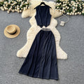 Summer outfit set for women: chic, retro sleeveless v-neck denim vest with high-waisted, flowy midi skirt - two-piece set