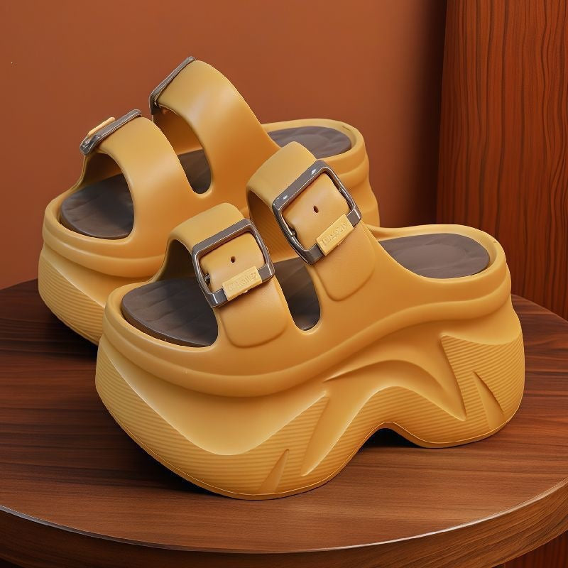Fashion wedge sandals and slippers double strap heightening k-style women's summer ins trendy elegant buckle stepping on shit feeling easiest for matchthick sole