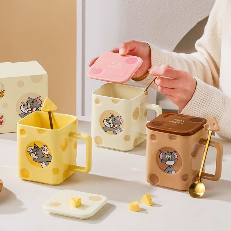 Cat and Mouse Square Cheese Mug with Lid and Spoon Gift Box Household Ceramic Mug Coffee Mug Birthday Gift