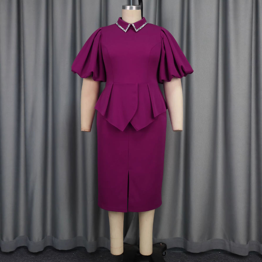 plus size lapel hot diamond rufflesdress puff sleeve waist silm hip-covering banquet dress