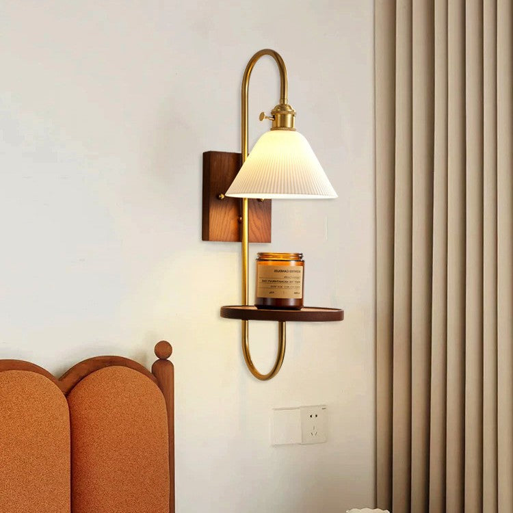 Vintage walnut wall sconce with antique brass and ceramic shelf - bedroom bedside b&b manufacturer