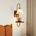 Vintage walnut wall sconce with antique brass and ceramic shelf - bedroom bedside b&b manufacturer