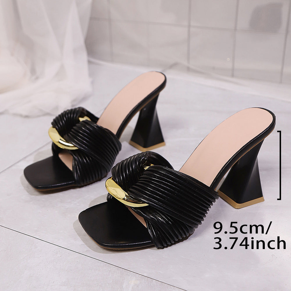 Plus sizeelegant square toe high heels 2026 thick heel metal buckle fashionsexysummernew arrivalexport sandals and slippers for women