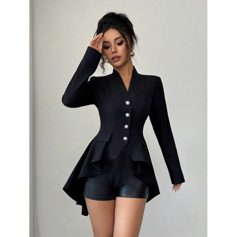 fashionautumnew arrivalelegancefashionv necklong sleeves waist asymmetricalrufflesjacket for women