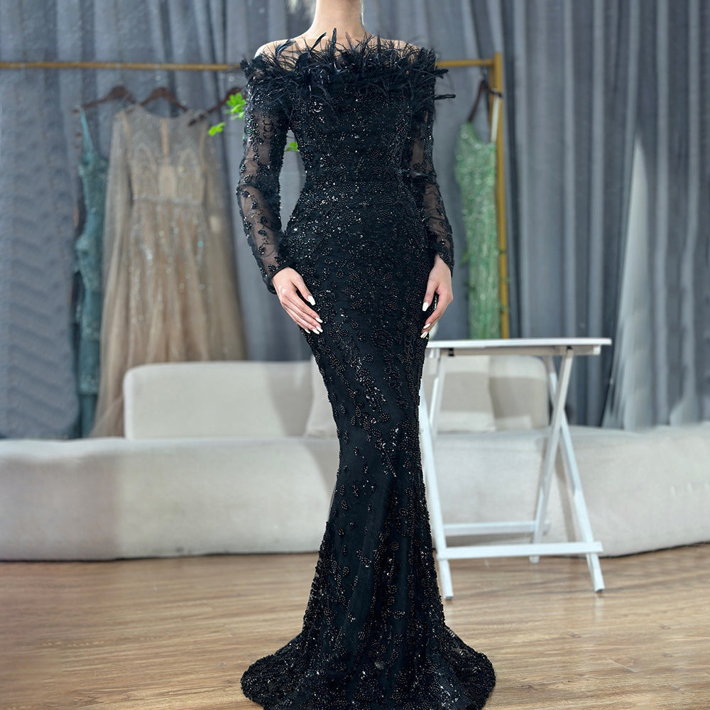 25export black one shoulder feather fishtail dress accessible luxuryeleganceelegant socialite banquet host evening dress