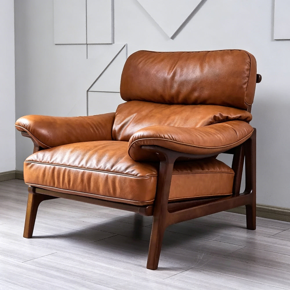 Second-hand style grids first layer real cowhide retro ash wood living room balcony tea master chair single sofa lounge chair