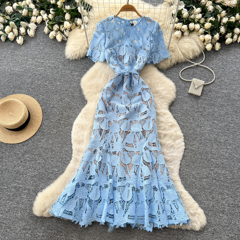 Light mature style work clothinglacecut outdress women's summer short-sleeved high waistsexya-line skirt blueelegant long skirt
