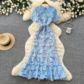 Light mature style work clothinglacecut outdress women's summer short-sleeved high waistsexya-line skirt blueelegant long skirt