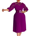C8595 european and american export women's clothing  new arrival elegant solid color lace crochet hollow-out pleated cross-border dress