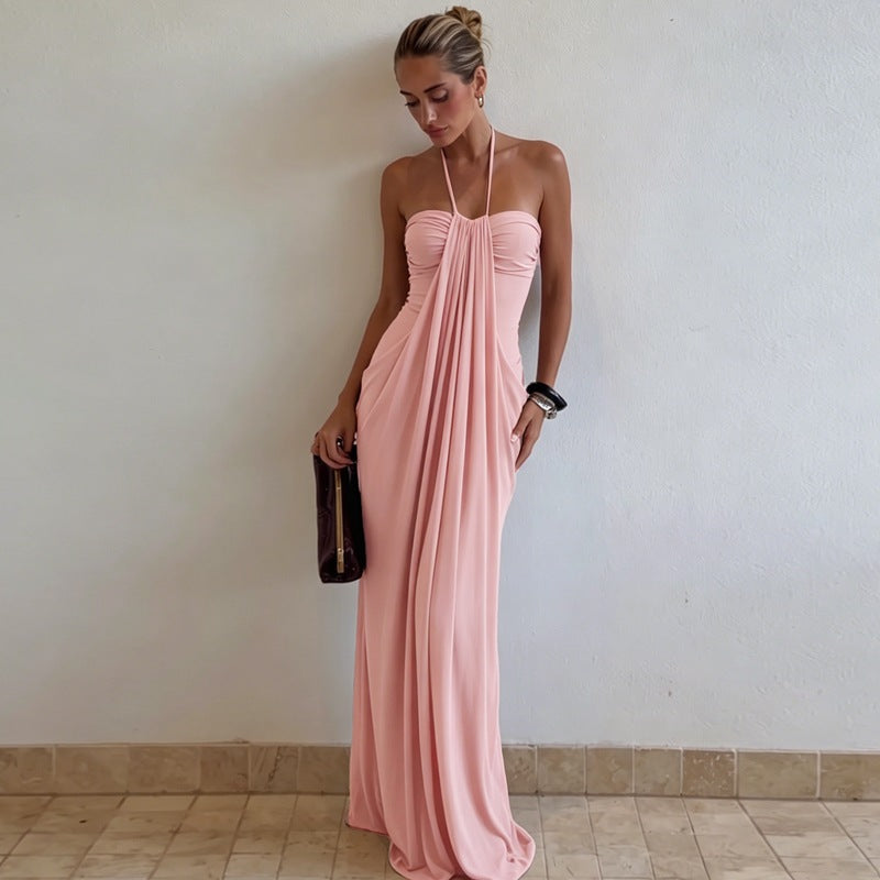 European and american cross-border women's fashion:  summer new arrivals - stylish vacation-inspired solid color halter neck tie-back backless dress wholesale