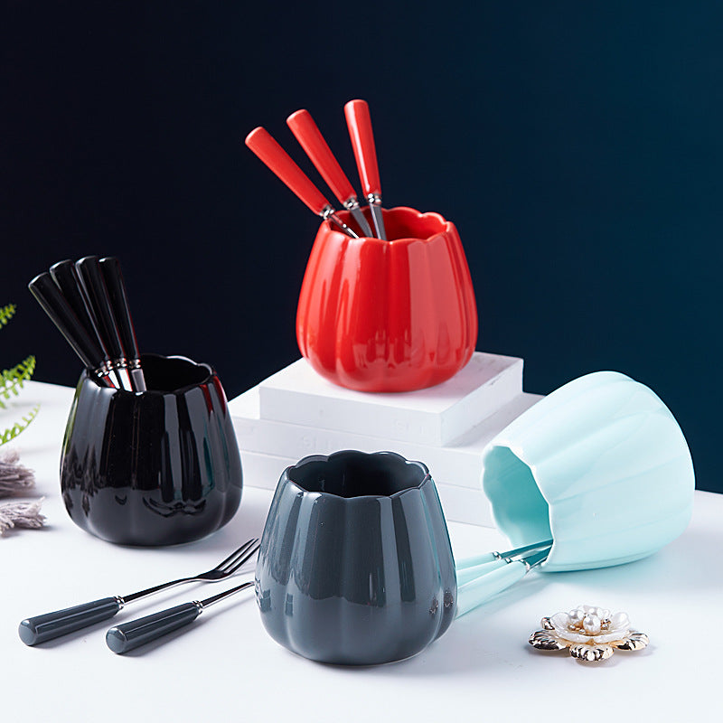 Stainless steel fruit fork set with premium ceramic storage jar, fruit picks, home watermelon forks, and stylish spoons