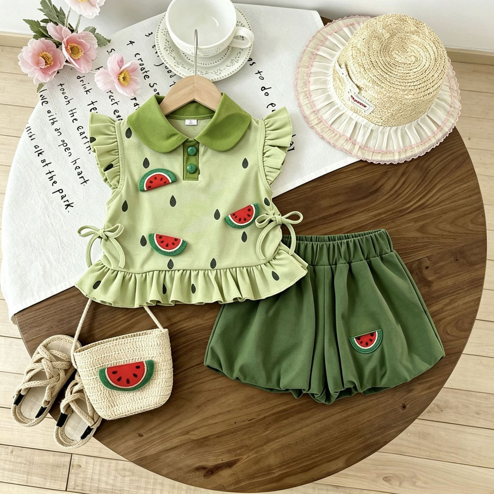 Fresh green baby summer outfit set - cute fruit watermelon pattern sleeveless summer suit for girls - summer  collection